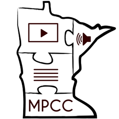 MPCC logo shape of Minnesota composed of puzzle pieces with a multimedia icon (video, audio, text) on each.